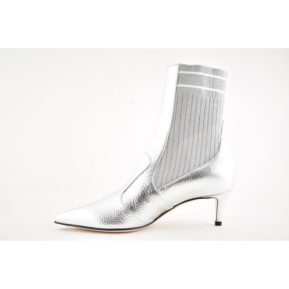 Fendi Rockoko Silver Scuba Stretch FF Logo Knit Sock Ankle Kitten Heel Boot 37.5 - Picture 3 of 12